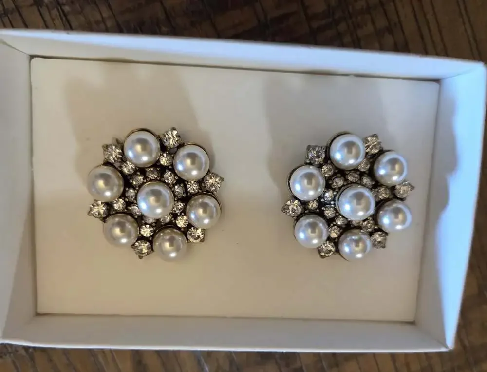 J.Crew imitation pearl and crystal shoe clips feature a clustered floral design